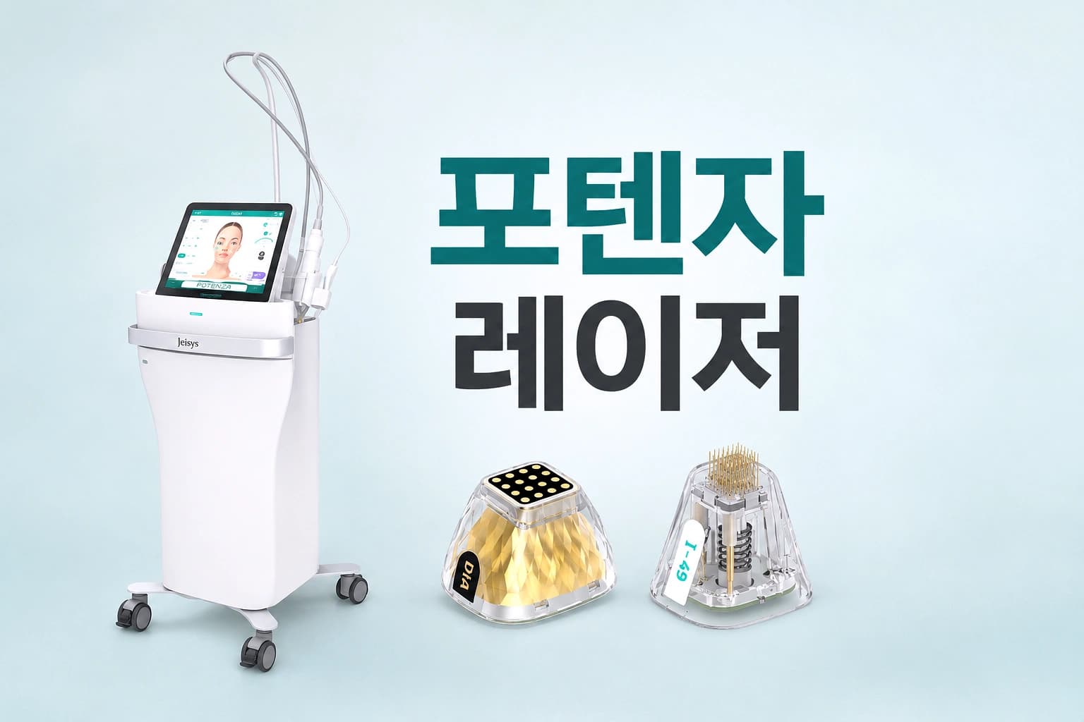 포텐자 레이저 장비와 비침습형·침습형 팁을 함께 배치한 썸네일 이미지
